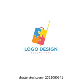 Baby travel bag packing game logo design, Abstract logo design, travel bag packageing design on luxury background. Travel bag with puzzle concept with black background