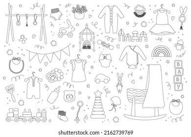 Baby trendy clothes, accessories and toys in doodle style. Nursery collection with body suit, montessori toys, cradle, bassinet. Hand drawn outline vector illustration set isolated on white background