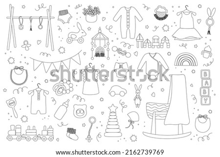 Baby trendy clothes, accessories and toys in doodle style. Nursery collection with body suit, montessori toys, cradle, bassinet. Hand drawn outline vector illustration set isolated on white background