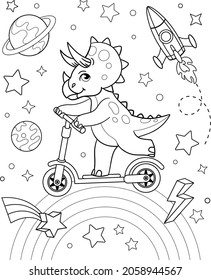 Baby triceratops ride an electric scooter in space. Vector outline for coloring book