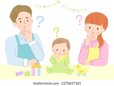 Baby with troubled expression and mom and dad stock illustration