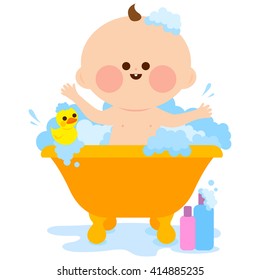 Baby in a tub taking a bubble bath. Vector illustration
