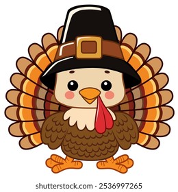 Baby turkey with pilgrim hat graphic design on white background. Vector illustration for Thanksgiving.