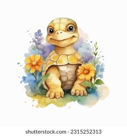 Baby turtle among flowers vector illustration. Little cute baby turtle smiling, blue and yellow wildflowers.
