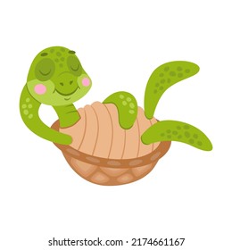 Baby turtle. Cute funny tortoise cartoon character sleeping, dancing, swimming, hiding in shell, hatching. Vector illustrations for nature