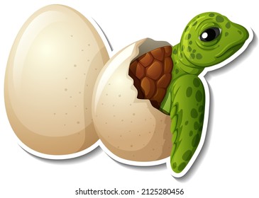 Baby turtle hatching from an egg animal cartoon sticker illustration