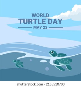 Baby turtle heading to sea after hatching, as world turtle day banner or poster, vector illustration.