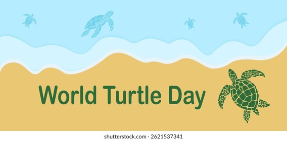 Baby turtle heading to sea after hatching, as world turtle day banner or poster.