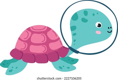 Baby turtle in space helmet. Cute animal astronaut