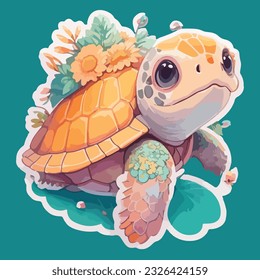 Baby turtle stickers with Flowers The Sea-Generative AI