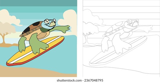Baby turtle surfing Animal Coloring Pages for Kids Graphic, black and withe coloring book.