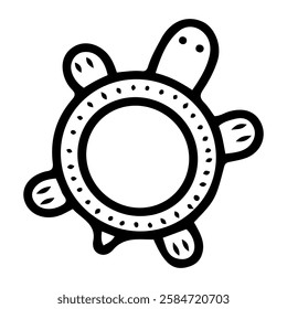 Baby turtle teether holder. Hand drawn doodle. Safe for chewing. Help with tooth emergence. Toy for teaching newborn to hold an object. Educational games. Childhood. Vector line art illustration.