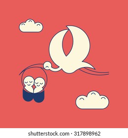 Baby twins announcement illustration. Stork with newborn babies thin line maternity icons.