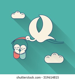 Baby twins announcement illustration. Stork with newborn babies flat thin line long shadow maternity icons.