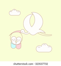 Baby twins announcement illustration. Stork with newborn babies thin line maternity icons.