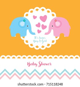 Baby twins boy & girl shower card with baby elephant.