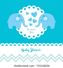Baby twins boy shower card with baby elephant.