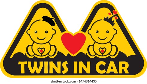 Baby twins in car sign on Yellow background. Vector illustration.