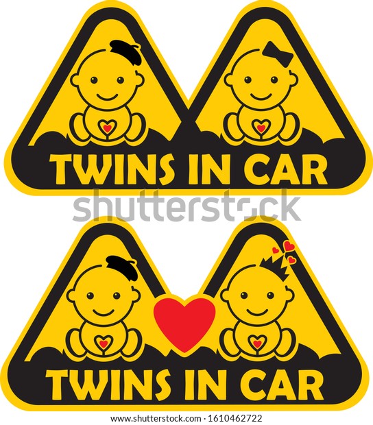 Baby twins in car sign on Yellow
background. Vector
illustration.