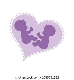 Baby twins in the heart silhouette vector illustration. Can be used for baby shower celebration invitation and greeting card.
