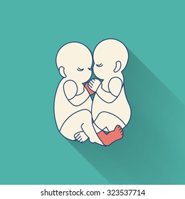Baby twins newborn illustration. Prenatal child flat thin line maternity icon. Twins pregnancy vector logo design. Outline stylized icon.