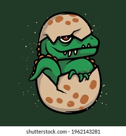 Baby Tyrannosaurus rex hatchling from it`s egg vector concept. Prehistoric animal egg. Big reptile drawing illustration
