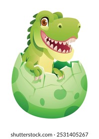 Bebê Tiranossauro Rex sorrindo e eclodindo de um ovo rachado. Ilustração de desenho animado vetorial