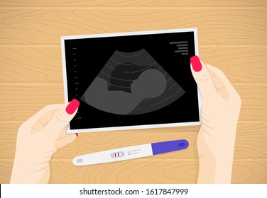 Baby ultrasound picture in womans hands and positive pregnancy test on table flat vector illustration. Fetus silhouette in mother womb, diagnostic sonography or ultrasonography concept