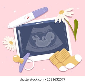 Baby ultrasound xray shot. Pregnancy, motherhood and parenthood. Healthcare and medicine. Radiography and roentgen. Expected child. Fetus and embryo. Flat vector illustration