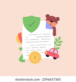 Baby under protection. Concept of child insurance, protection of health and life of children for travel or vacation. Healthcare and medical service. Vector illustration in flat design