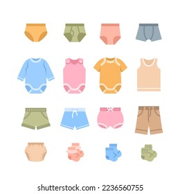 Icono plano del color de la ropa interior del bebé. Prendas de vestir, bragas, boxeadores, enterizos, pantalones cortos y medias. Pictograma de ropa infantil. Prendas de vestir para niños. Equipo para recién nacidos, niños pequeños, niños, niñas