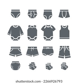 Baby underwear cloth solid silhouette icons. Panties, boxers, rompers, shorts and socks. Kids clothing simple pictogram. Children wardrobe garments. Outfit for newborn child, toddler, little boy, girl