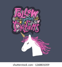 Baby unicorn art and calligraphy text, stylish illustration, unique print for posters, cards, mugs, clothes and other. Vector and jpg image, clipart, editable isolated details.