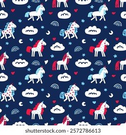 Baby unicorn background. Hand drawn childish seamless pattern with cute magical horses - unicorns, clouds on dark blue background. Animals childish repeat print for kids outerwear. Nursery wallpaper.