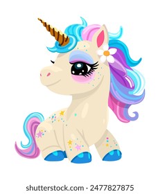 Baby unicorn with bright hair and tail and golden horn. Vector isolated illustration.