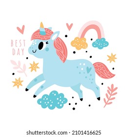 Baby unicorn card with rainbow, hearts, cloud and stars. Lovely little pony illustration and positive thinking phrase. Cartoon character for kids prints, poster or clothing