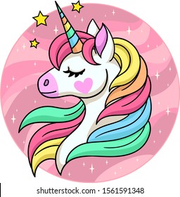 Baby unicorn with closed eyes and colorful mane. Vector illustration