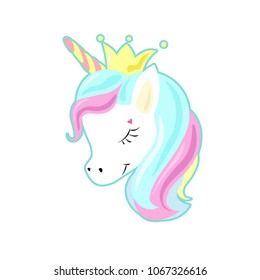 Baby Unicorn cute cartoon in flat style for clothes or as logotype, badge, brooch, icon, card, poster, invitation, banner template. Vector illustration in pastel color. Girl, woman fashion print.