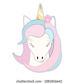 Baby Unicorn cute cartoon in flat style for clothes or as logo, tattoo, badge, brooch, icon, card, poster, invitation, banner template. Vector illustration in pastel color. 