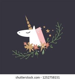 Baby unicorn face. Decor elements for your stuff and graphic design. Good for gift card and kids products. Clipart. Isolated. Vector and jpg image.