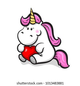 Baby unicorn holds a heart. Kawaii animal for you design. Vector illustration.