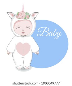 Baby In Unicorn Jumpsuit, One Piece Pajamas, Picture In Hand Drawing Cartoon Style, For T-shirt Wear Fashion Print Design, Greeting Card, Postcard. Baby Shower. Party Invitation