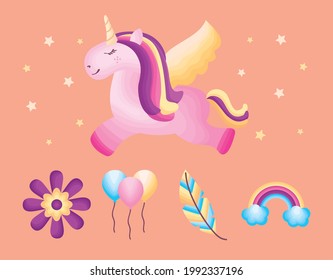 baby unicorn with magic icons