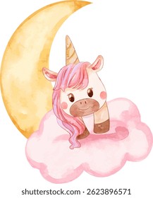 Baby Unicorn Moon on Pink Cloud. Watercolor fantasy element suited for baby room decoration, nursery, and baby shower project.