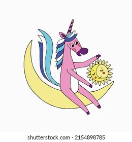 Baby unicorn on the moon. Vector illustration for prints on T-shirts and clothes, postcards, decoration