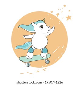 Baby unicorn on a skateboard flying to the stars. Sticker with a cartoon character.