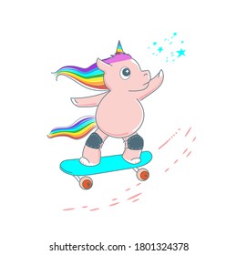 Baby unicorn is racing on a skateboard. Vector cartoon character isolated on white