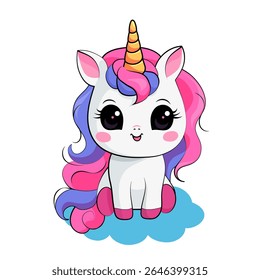 Baby Unicorn sitting on a cloud, isolated colorful vector illustration. Kawaii children's print, poster, elememt for design of clothing, textiles, rooms.