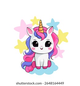 Baby Unicorn sitting on a cloud on stars background, isolated colorful vector illustration. Kawaii children's print, poster, elememt for design of clothing, textiles, rooms.