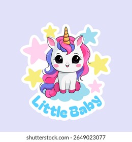 Baby Unicorn sitting on a cloud on stars background, with text: Little baby. isolated colorful vector illustration. Kawaii children's print, poster, sticker, for design of clothing, textiles, rooms.